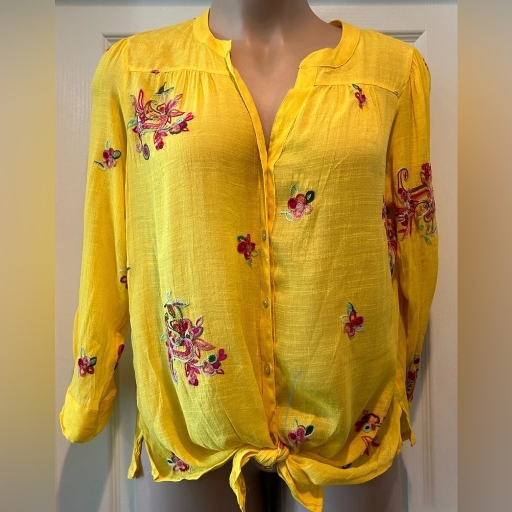 Anthropologie Fig & Flower Embroidered Tie Blouse Yellow Long Adjust sleeve Sz